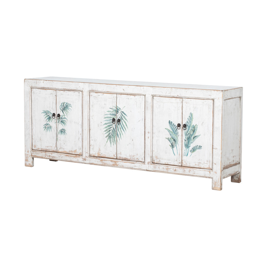 Sideboard White Palm Leaves Print 220x45x90cm