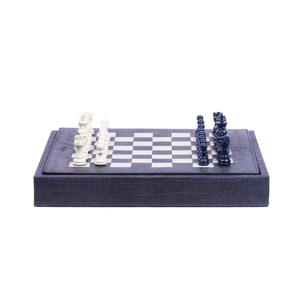 Luxury Handmade Chess Set - Alligator Petrol Blue 37x37cm