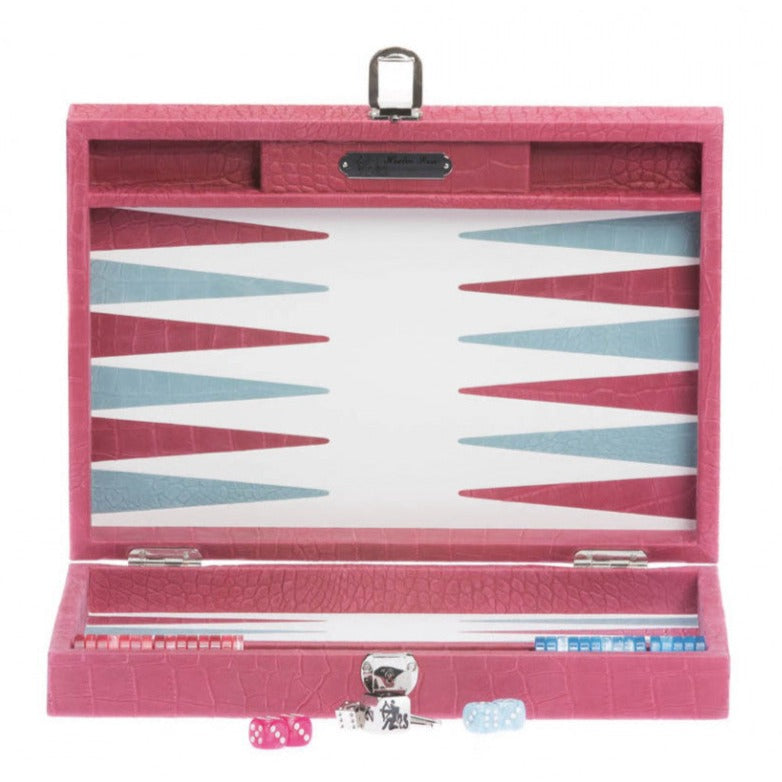 Luxury Handmade Backgammon Set - Medium- Alligator Fushia Pink 30x22cm